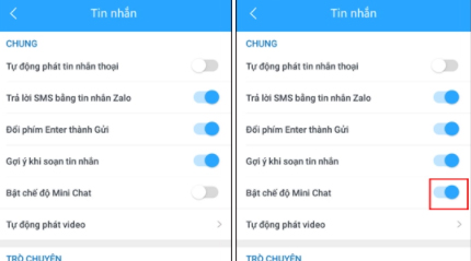 Trong danh sách các tùy chọn thiết lập Tin nhắn Zalo, bạn sẽ thấy tùy chọn Bật chế độ Mini chat