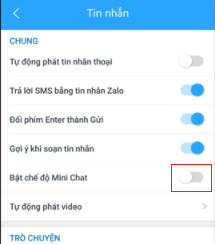 Gạt thanh ngang trái phải để tắt chế độ Mini chat, bong bóng chat Zalo là được