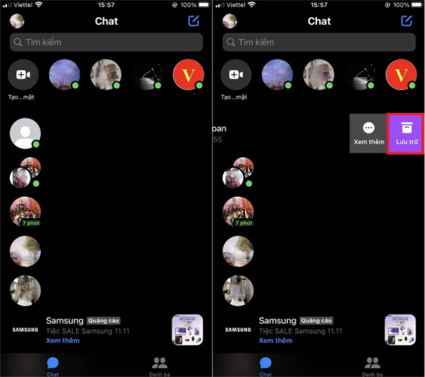 Nhấn chọn mục Đoạn chat đã lưu trữ -> Chọn đến tài khoản mà bạn muốn bỏ ẩn tin nhắn Nhấn chọn mục Đoạn chat đã lưu trữ -> Chọn đến tài khoản mà bạn muốn bỏ ẩn tin nhắn