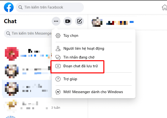 Nhấn chọn Đoạn chat đã lưu trữ Nhấn chọn Đoạn chat đã lưu trữ