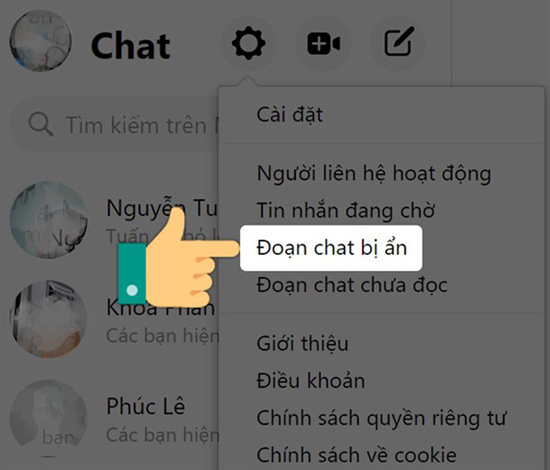 Nhấn chọn dòng Đoạn chat bị ẩn (Hidden Chats) Nhấn chọn dòng Đoạn chat bị ẩn (Hidden Chats)