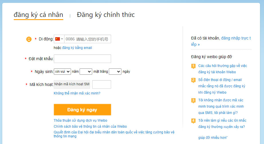 Cách đăng ký Weibo bằng Gmail