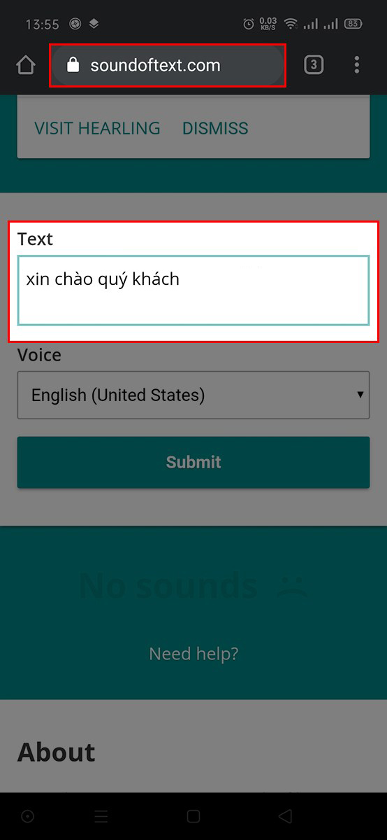 Mở trình duyệt web và truy cập vào trang https://soundoftext.com/ Mở trình duyệt web và truy cập vào trang https://soundoftext.com/