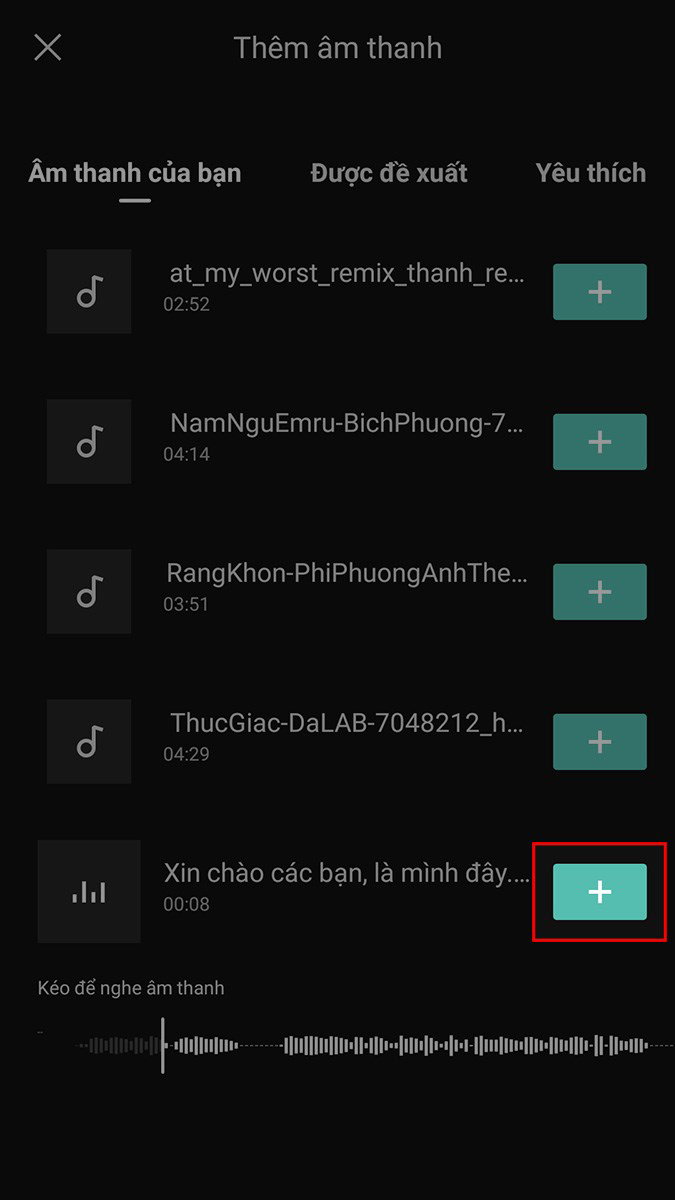 Nhấn biểu tượng dấu cộng tại file âm thanh có giọng chị Google vừa chuyển đổi Nhấn biểu tượng dấu cộng tại file âm thanh có giọng chị Google vừa chuyển đổi