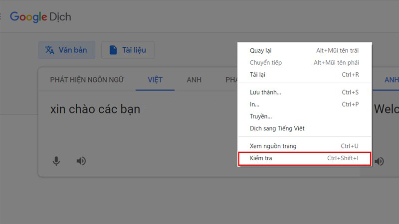 Nhấn chuột phải vào vị trí bất kỳ của trang -> Chọn Kiểm tra Nhấn chuột phải vào vị trí bất kỳ của trang -> Chọn Kiểm tra