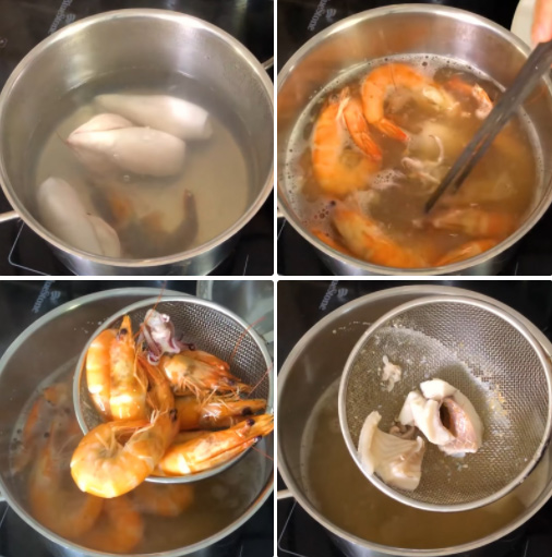 Luộc tôm, mực, cá