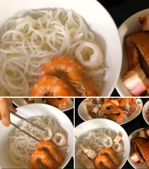 Cho bún vào bát tô, xếp lần lượt tôm, mực, cá rồi rưới nước dùng lên trên