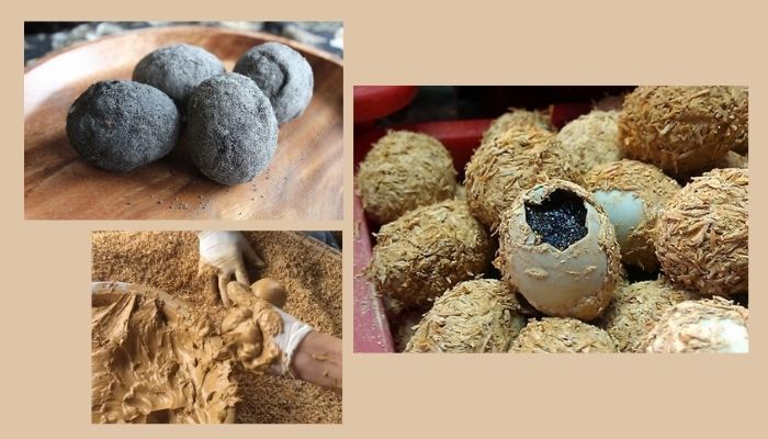 Quét phủ bùn lên kín trứng và lăn qua vỏ trấu