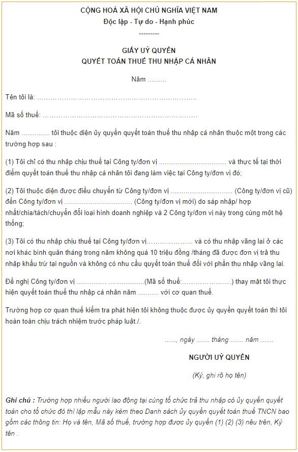Mẫu ủy quyền quyết toán thuế TNCN 2022 theo Bộ Tài Chính