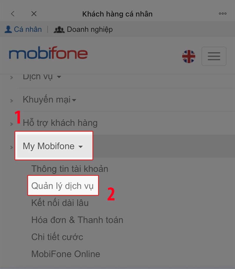 Chọn vào My Mobifone -> Nhấn chọn Quản lý dịch vụ để xem thông tin dung lượng của bạn Chọn vào My Mobifone -> Nhấn chọn Quản lý dịch vụ để xem thông tin dung lượng của bạn