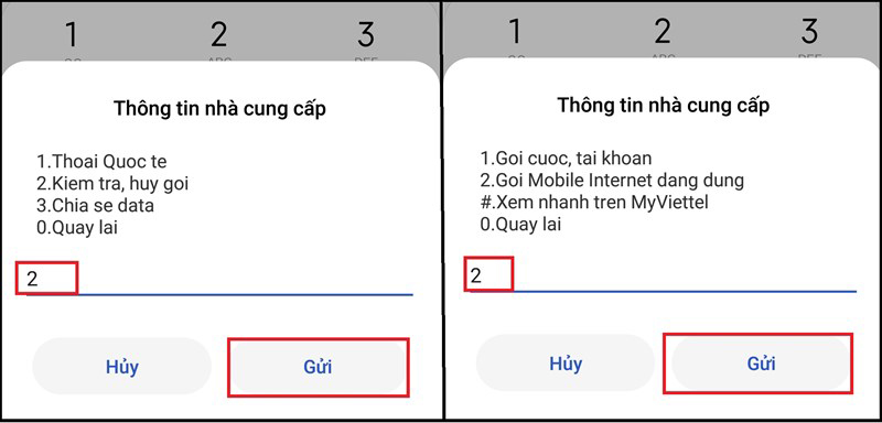 Nhấn phím 2 -> Chọn Gửi. Khi đó, màn hình sẽ hiển thị mục liên quan đến các gói cước Interner -> Nhấn phím 2 -> Chọn Gửi