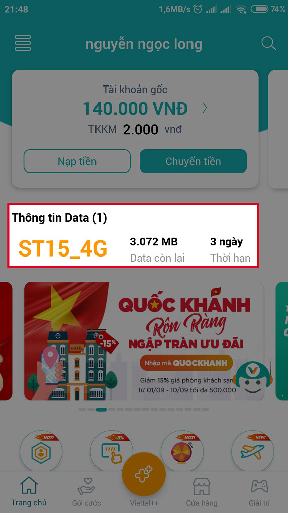 Bạn sẽ thấy được dung lượng 3G/4G Viettel tốc độ cao còn lại, thời gian sử dụng và cả tên của gói cước 4G Viettel đang dùng