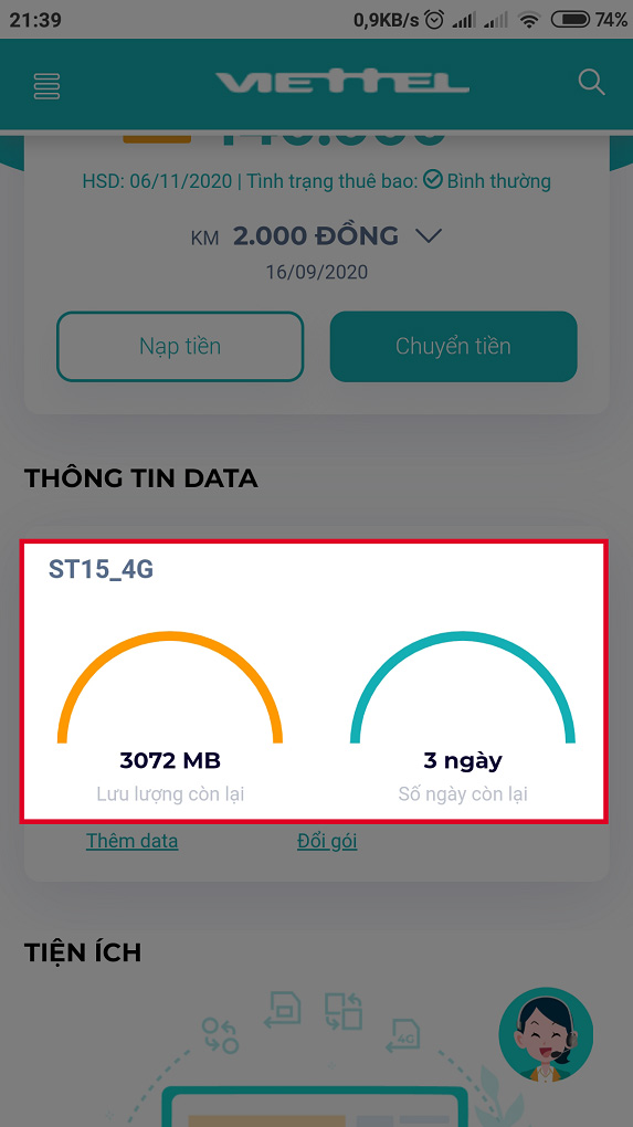 Màn hình sẽ hiển thị dung lượng 3G/4G Viettel tốc độ cao còn lại, thời gian sử dụng của gói và cả tên của gói cước 4G Viettel