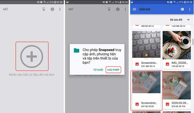 Mở ứng dụng snapseep -> Nhấn vào dấu “+” để mở thư viện ảnh