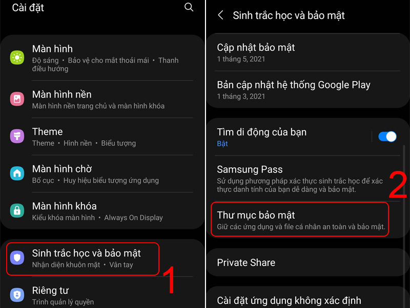 Vào Cài đặt -> Nhấn chọn Sinh trắc học và bảo mật -> Chọn Thư mục bảo mật Vào Cài đặt -> Nhấn chọn Sinh trắc học và bảo mật -> Chọn Thư mục bảo mật