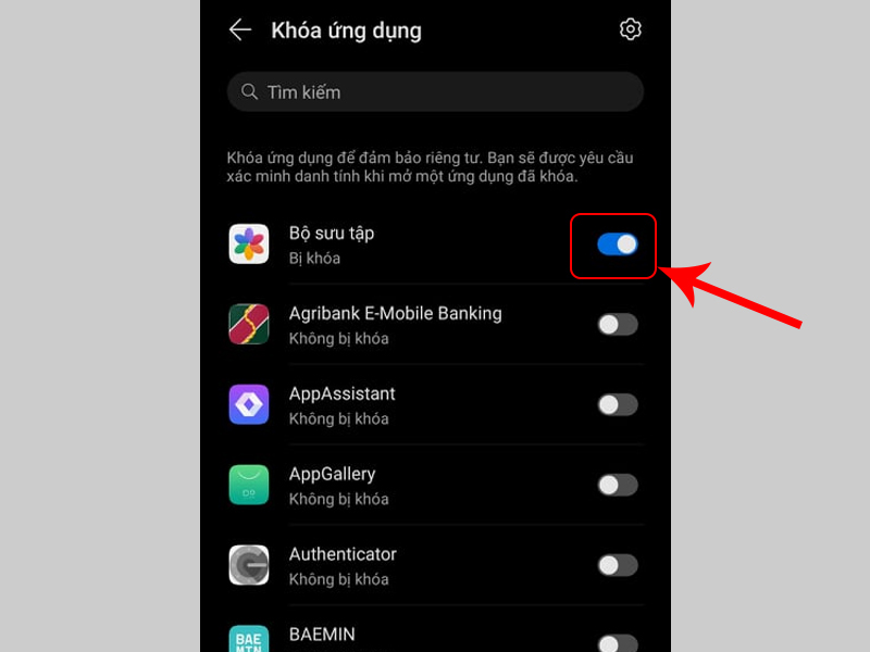 Thiết lập mật khẩu Khóa ứng dụng -> Chọn ứng dụng cần khóa Thiết lập mật khẩu Khóa ứng dụng -> Chọn ứng dụng cần khóa