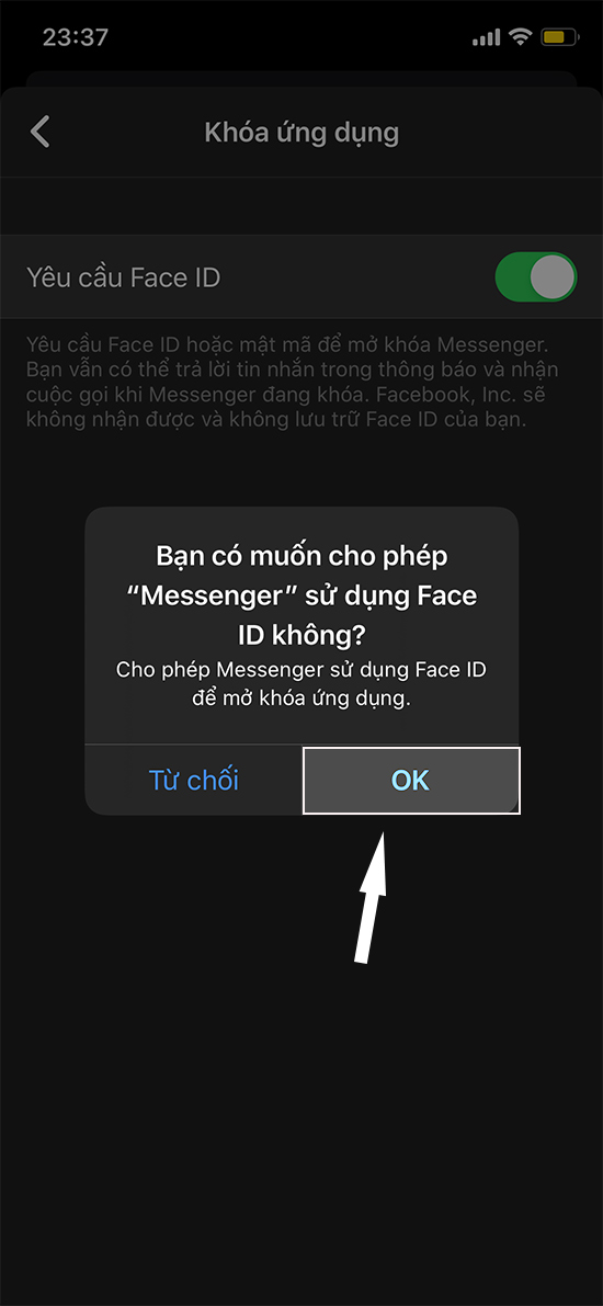 Ứng dụng yêu cầu bạn cài đặt mật khẩu cho Messenger bằng cách nhập mã PIN điện thoại hoặc FaceID Ứng dụng yêu cầu bạn cài đặt mật khẩu cho Messenger bằng cách nhập mã PIN điện thoại hoặc FaceID