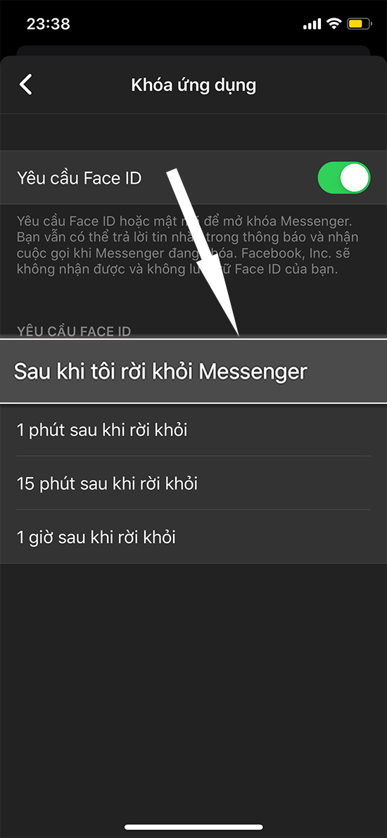 Lựa chọn thời gian khóa ứng dụng Messenger sau khi rời khỏi Lựa chọn thời gian khóa ứng dụng Messenger sau khi rời khỏi