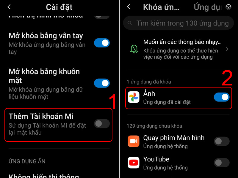 Thêm tài khoản Mi để phòng trường hợp quên mật khẩu -> Chọn ứng dụng cần khóa Thêm tài khoản Mi để phòng trường hợp quên mật khẩu -> Chọn ứng dụng cần khóa