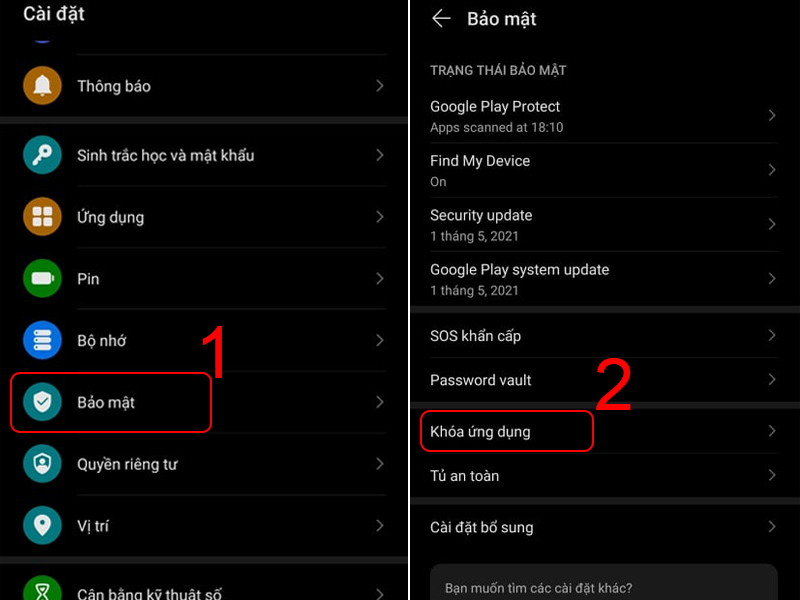 Vào Cài đặt -> Chọn Bảo mật -> Chọn Khóa ứng dụng Vào Cài đặt -> Chọn Bảo mật -> Chọn Khóa ứng dụng