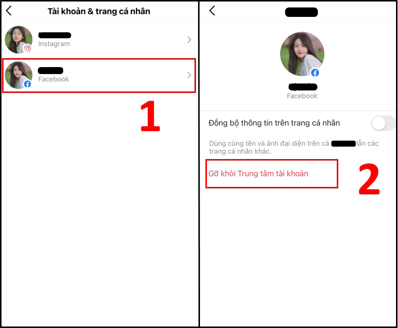 Nhấn chọn tài khoản Facebook muốn gỡ -> Nhấn vào Gỡ khỏi Trung tâm tài khoản
