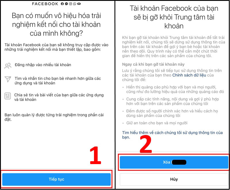Nhấn chọn Tiếp tục để thực hiện xóa -> Nhấn chọn Xóa + tên tài khoản là xong