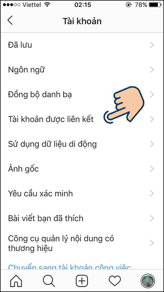 Nhấn chọn Tài khoản được liên kết