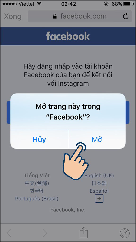 Nhấn chọn Mở để mở trang này trong Facebook
