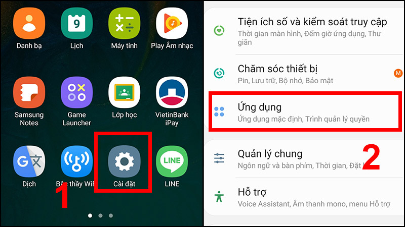 Vào Cài đặt -> Nhấn chọn Ứng dụng Vào Cài đặt -> Nhấn chọn Ứng dụng