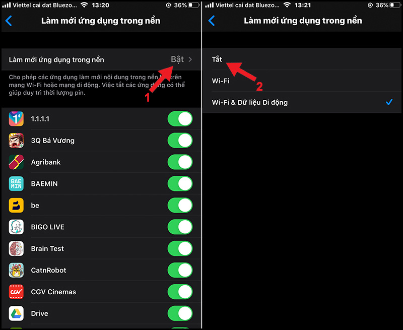 Nhấn Làm mới ứng dụng trong nền -> Chọn Tắt để tắt ứng dụng chạy ngầm Nhấn Làm mới ứng dụng trong nền -> Chọn Tắt để tắt ứng dụng chạy ngầm
