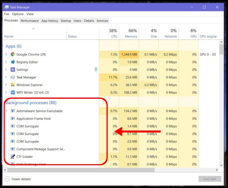 Tìm kiếm và kiểm tra các ứng dụng đang chạy ngầm không dùng đến ở phần Background processes Tìm kiếm và kiểm tra các ứng dụng đang chạy ngầm không dùng đến ở phần Background processes