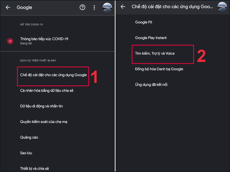 Chọn Chế độ cài đặt cho các ứng dụng Google -> Nhấn Tìm kiếm, Trợ lý và Voice