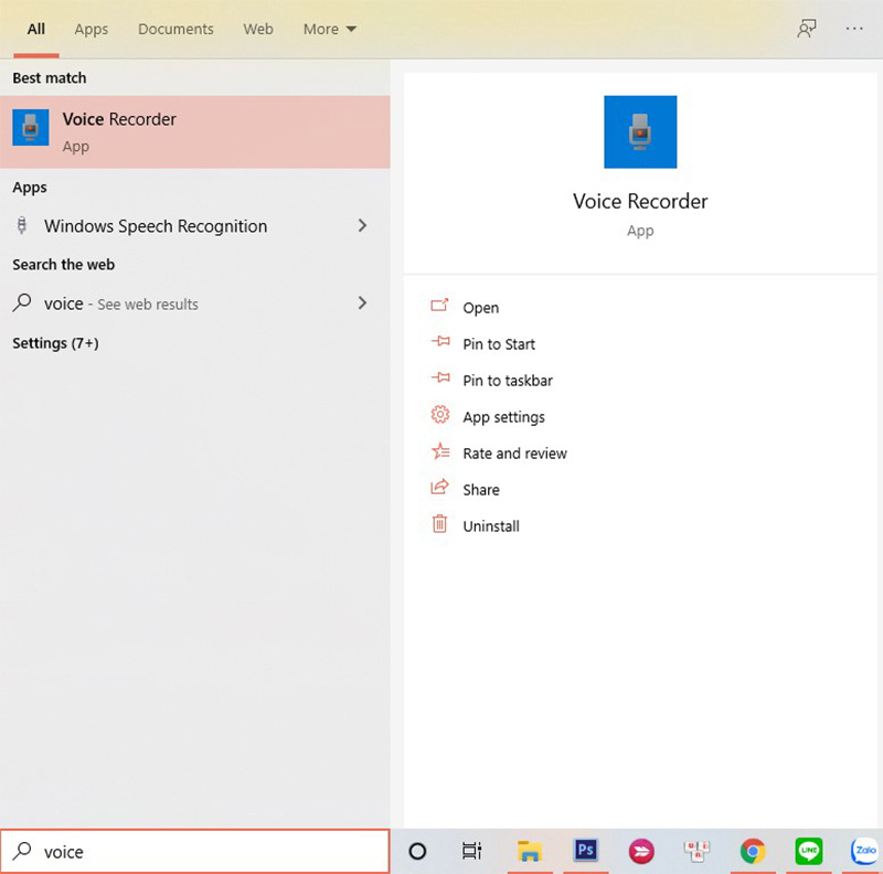 Bạn tìm kiếm Voice Recorder trên thanh công cụ tìm kiếm của máy tính -> Nhấn và mở ứng dụng lên