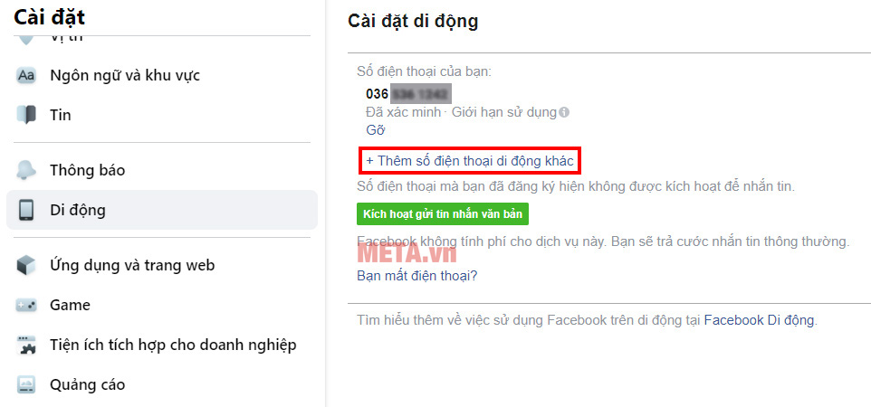 Nhấn chọn Thêm số điện thoại di động Nhấn chọn Thêm số điện thoại di động
