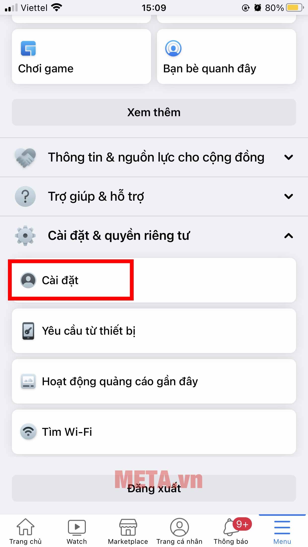 Nhấn chọn vào mục Cài đặt và quyền riêng tư -> Nhấn chọn Cài đặt Nhấn chọn vào mục Cài đặt và quyền riêng tư -> Nhấn chọn Cài đặt
