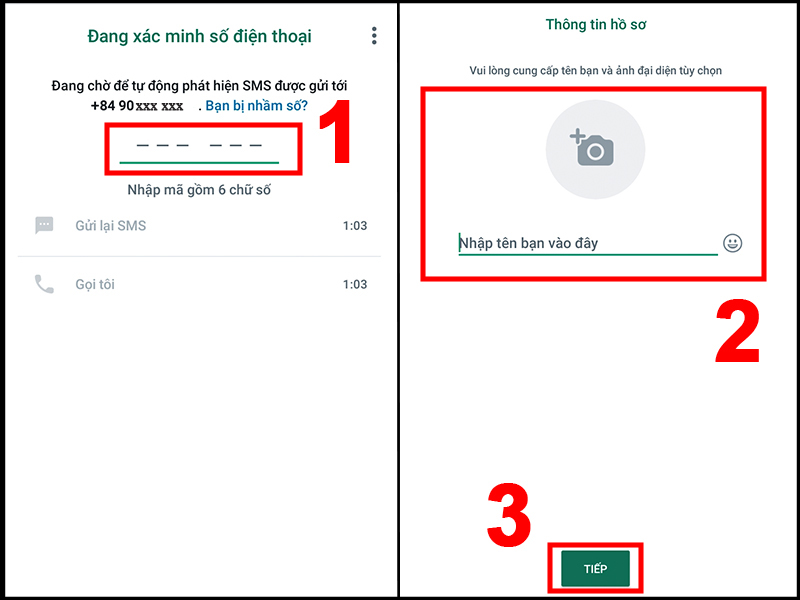 Nhập mã xác minh mà ứng dụng gửi về số điện thoại -> Sửa thông tin của bạn -> Nhấn Tiếp