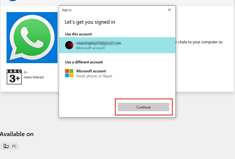 Đăng nhập tài khoản Microsoft -> Nhấn chọn Continute