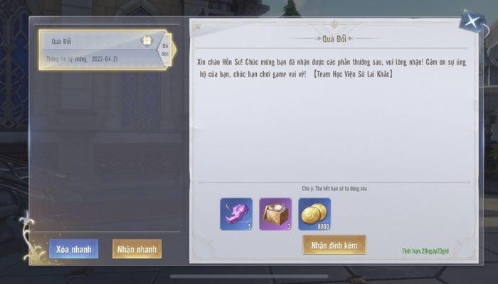 Nhận toàn bộ quà tặng đính kèm trong các thư bằng cách chọn Nhận Nhanh. Nhận toàn bộ quà tặng đính kèm trong các thư bằng cách chọn Nhận Nhanh.