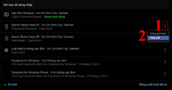 Nhấn chọn vào dấu ba chấm tại thiết bị muốn đăng xuất -> Nhấn chọn Đăng xuất