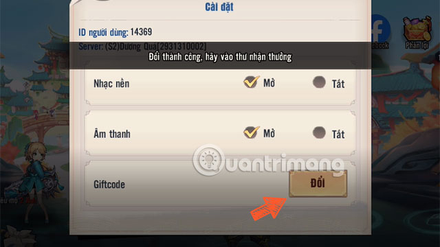 Tại menu Cài đặt, bạn nhấn chọn nút đổi trong tính năng Giftcode Tại menu Cài đặt, bạn nhấn chọn nút đổi trong tính năng Giftcode