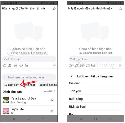 Nhấn vào Lướt xem để Facebook hiển thị danh sách chủ đề nhạc hiện có để tìm kiếm nhanh hơn
