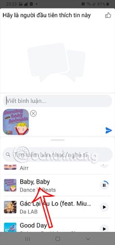 Để chọn bài hát bình luận Facebook thì bạn nhấn vào tên bài hát đó là được