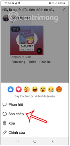 Để thay đổi hoặc xóa bài hát thì bạn chỉ cần nhấn và giữ vào bài hát bình luận trên Facebook giống như những nội dung bình luận khác trên Facebook