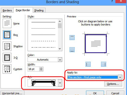 Nhấn chọn Apply to: This Section - First page only (thiết lập khung bìa cho trang hiện tại) Nhấn chọn Apply to: This Section - First page only (thiết lập khung bìa cho trang hiện tại)