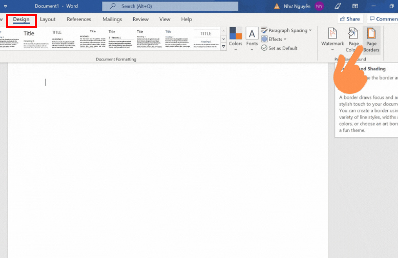 Nhấn chọn Design -> Chọn Page Borders Nhấn chọn Design -> Chọn Page Borders