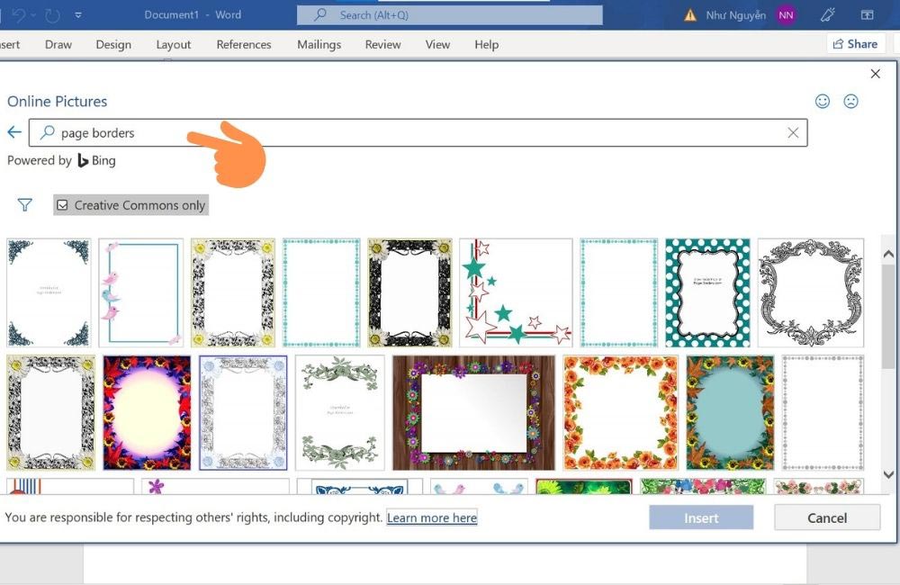 Nhập từ khóa Page Borders trên thanh tìm kiếm của Bing -> Nhấn Enter để bắt đầu tìm kiếm Nhập từ khóa Page Borders trên thanh tìm kiếm của Bing -> Nhấn Enter để bắt đầu tìm kiếm