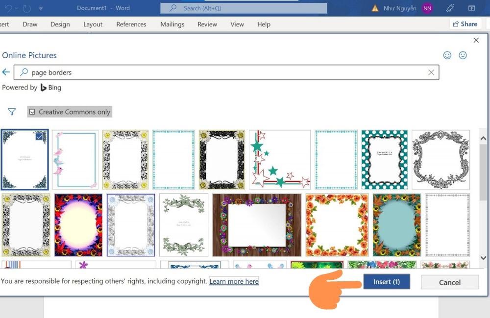Nhấn vào một trong số những khung viền mà mình muốn sử dụng -> Nhấn Insert để chèn khung vào trang văn bản Nhấn vào một trong số những khung viền mà mình muốn sử dụng -> Nhấn Insert để chèn khung vào trang văn bản