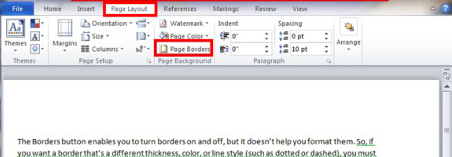 Trong tab Page Layout -> Nhấn Page Borders Trong tab Page Layout -> Nhấn Page Borders