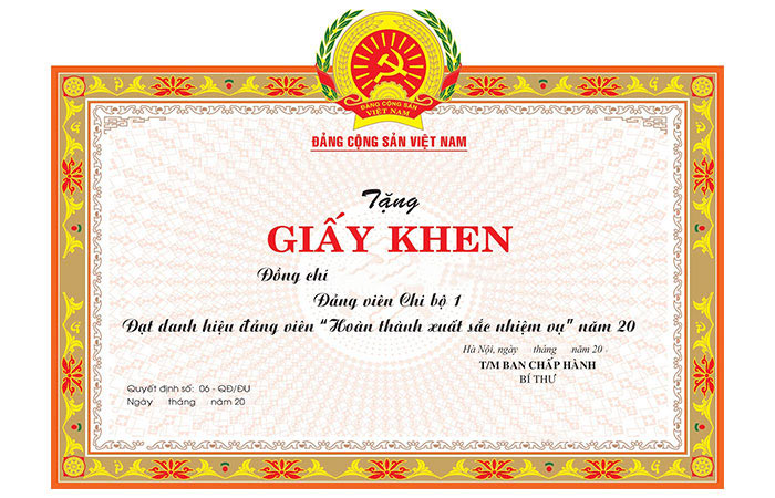 Mẫu giấy khen Đảng viên Mẫu giấy khen Đảng viên