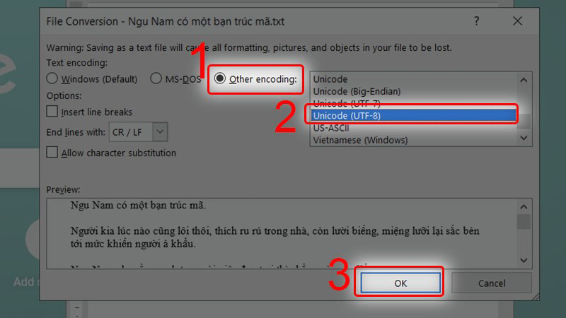Tick chọn Other encoding -> Chọn Unicode (UTF-8) -> Nhấn OK để lưu file Word thành định dạng Plain Text Tick chọn Other encoding -> Chọn Unicode (UTF-8) -> Nhấn OK để lưu file Word thành định dạng Plain Text